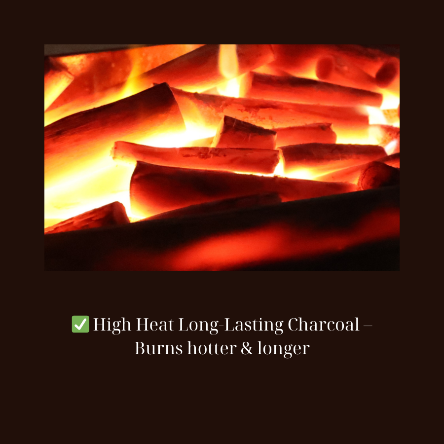 High heat long-lasting charcoal – premium quality for grilling and cooking.