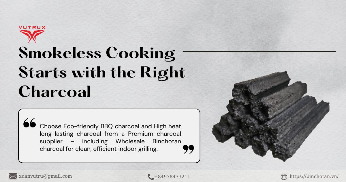 Indoor grill setup using Eco-friendly BBQ charcoal and High heat long-lasting charcoal from a Premium charcoal supplier, featuring clean-burning Wholesale Binchotan charcoal for efficient and safe cooking in enclosed kitchen spaces.