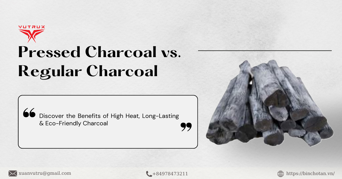 Comparison image of regular vs pressed charcoal, highlighting the benefits of High heat long-lasting charcoal and Eco-friendly BBQ charcoal supplied by a Premium charcoal supplier and available through Wholesale charcoal sources.